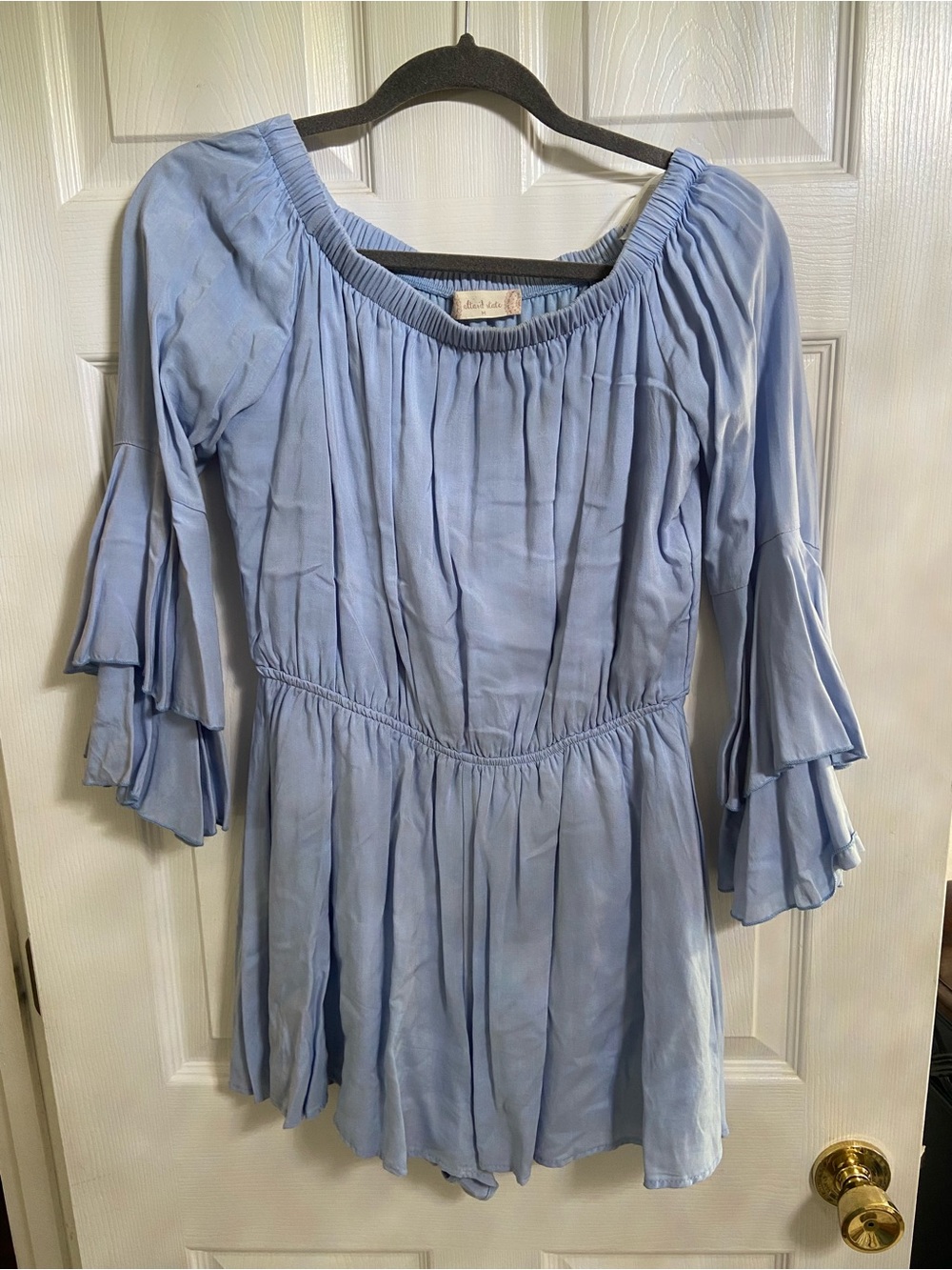 Altar'd State Light Blue Off-the-Shoulder Ruffle Sleeve Mini romper dress - Picture 2 of 6